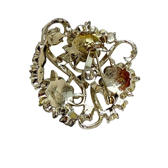 Vintage AB Rhinestone Floral Brooch Round Gold Tone 2" Sparkle Pin - Picture 2 of 6